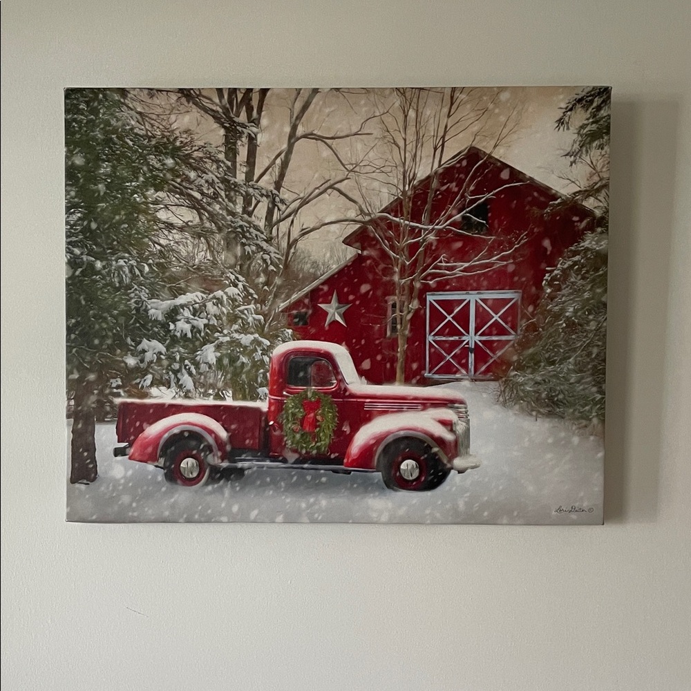 Red Truck and Barn Winter Canvas Art